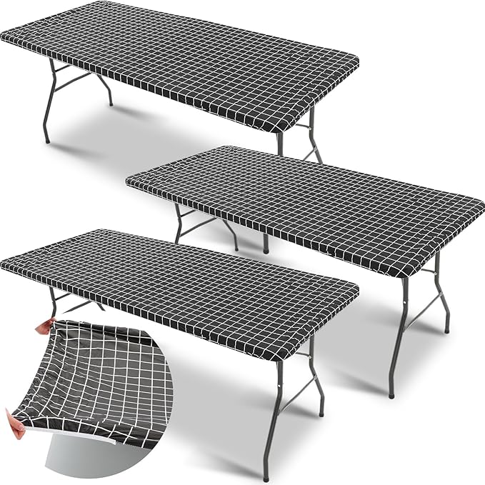 3 Pcs Plastic Picnic Table Cover Checkered Tablecloth Fitted Rectangular Table Cloth 30 x 72 Inch Vinyl Waterproof Flannel Backed with Elastic Rim for Indoor Outdoor Picnic Party(Black and White)