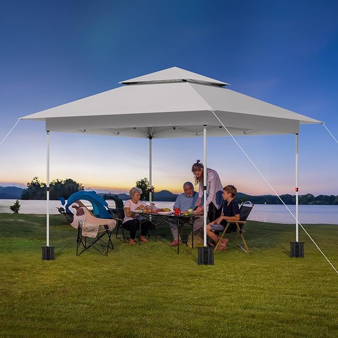 TLSUNNY 12X12 Pop Up Canopy Tent, Camping Shader W/Overhanging Eaves & Sand Bag, Outdoor Gazebo Shelter W/One Push Setup & Wheeled Bag, Height Adjustable, for Patio, Market, Party (White, 12FTX12FT)