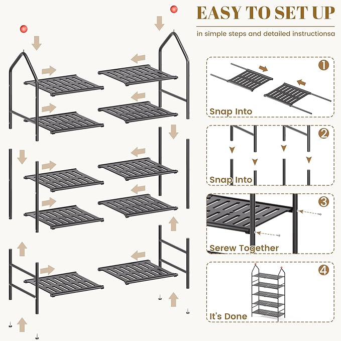 Shoe Rack, 5-Tier Shoe Organizer, Metal Storage Shelf, Shoe Rack for Closet, Free Standing Shoe Racks for Entryway, Garage & Doorway, Sturdy Shoe Shelves, Black