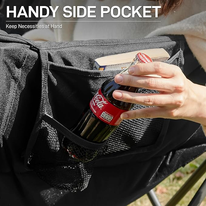 EVER ADVANCED Double Camping Chair for Adults, Padded Folding Camping Loveseat Bench with Side Pocket Portable Camping Couch, Two Person Heavy Duty Outdoor Chair with Cushion,Support 600lbs, Black