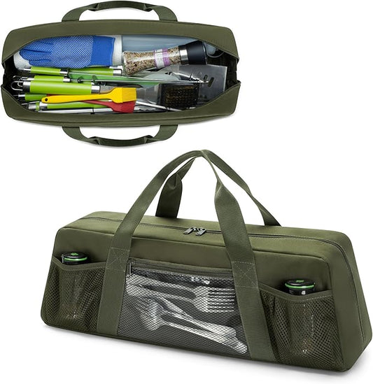 Grill Tool Storage Bag, Outdoor BBQ Utensil Holder for Barbecue Tool up to 20", Large Grill Utensil Storage Caddy with Pockets, BBQ Accessories Case Container for Camping, Bag Only, Green