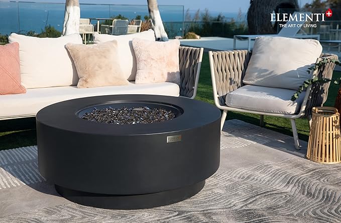 Elementi+ | Nimes Gas Fire Pit Cast Concrete 40" Dia. Round Fire Table, Outdoor Fire Pit Electronic Ignition | Canvas Cover, Fire Glass and Burner Lid Included | Dark Gray | Propane Gas