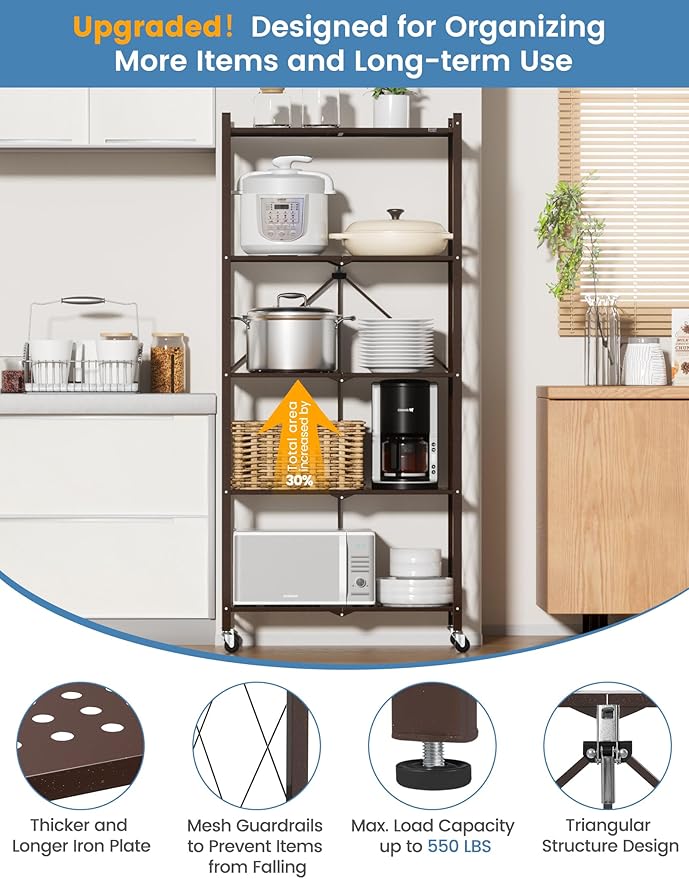 ALANNG 70.7" H Metal Storage Shelves, 5 Tier Folding Shelf on Wheels, Heavy Duty, No Assembly, Rolling, Collapsible Rack Unit for Kitchen, Basement, Pantry (Vintage Brown,2 Pack)
