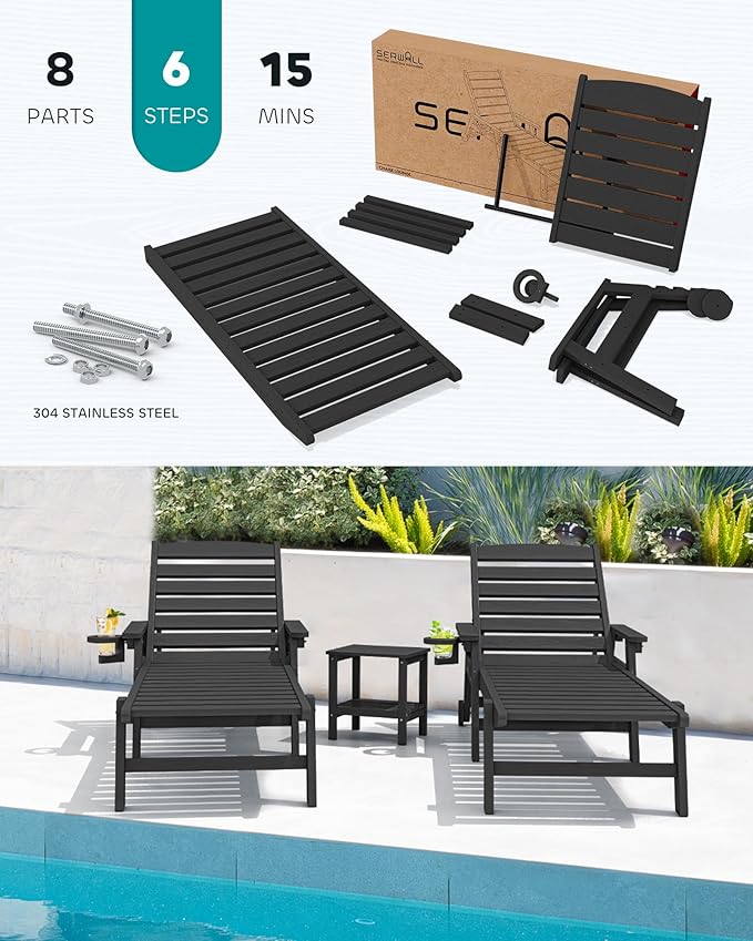 SERWALL Patio Chaise Lounge Chair Set of 6, 5 Positions Adjustable Poly Outdoor Lounge Chair for Pool, HDPE Lounge Chair with Rolling Wheels & Cup Holder for Poolside, Deck, Obsidian Black