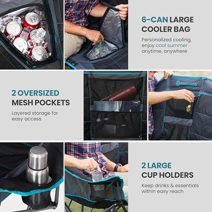 FUNDANGO Double Camping Chair with Cooler, 2 Person Folding Oversized Loveseat Camp Chairs for Adults Fully Padded Couch with Cup Holder Carry Bag for Outdoor Lawn Beach Patio Support 660 LBS