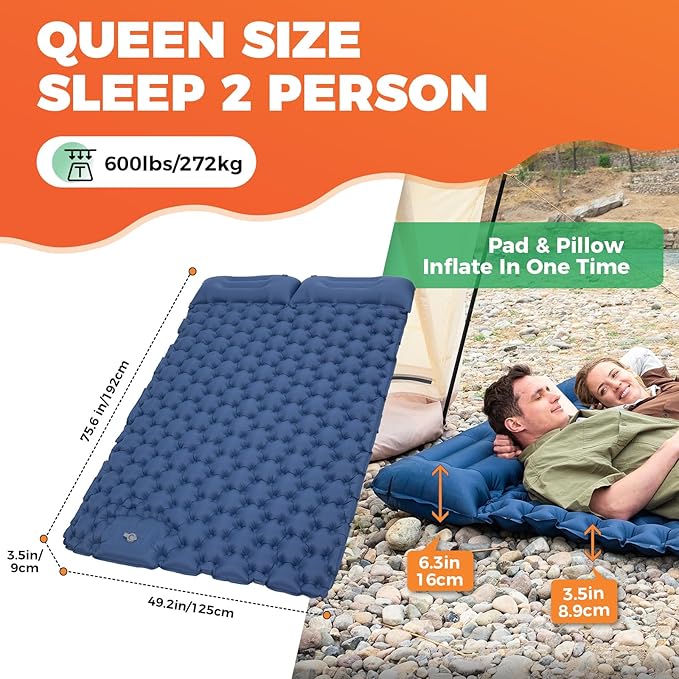 KingCamp Sleeping Pad for Camping, Ultralight Connectable Inflatable Sleeping Pad Camping Mattress with 6.3" Built-in Pillow & Foot Pump for Backpacking Hiking Tent Cot