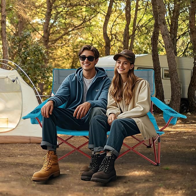 Tangkula 2 Person Oversized Camping Chair, Fully Padded Folding Loveseat Camp Chair with Adjustable Armrests, Cup Holders, Carrying Bag, Portable Double Outdoor Lawn Chair for Camping