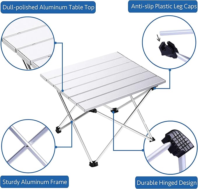 Grope Small Folding Camping Table with Aluminum Table Top, Beach Table for Sand with Carrying Bag,Prefect for Outdoor,Picnic,BBQ,Cooking,Festival