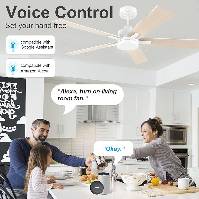 52” Smart Ceiling Fan with Lights Remote,Voice Control via Alexa Google WIFI App,Ultra Quiet DC Motor,Outdoor Indoor Modern Ceiling Fans,6-Speed for Bedroom Patio Porch,White and Wood Color