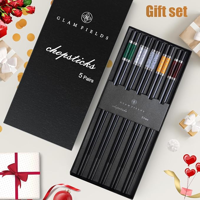 GLAMFIELDS 5 Pairs Premium Chopsticks Reusable Dishwasher Safe 9.5 Inch Fiberglass Chop Sticks Gift Set Non Slip Multi Color
