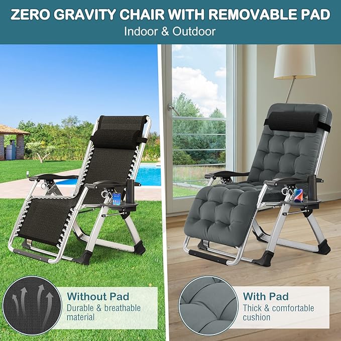 NAIZEA Padded Zero Gravity Chair, Folding Outdoor Lounge Chairs, Adjustable Reclining Camping Chairs with Cup Holder, Ergonomic Patio Lawn Chair for Balcony Beach Deck Yard
