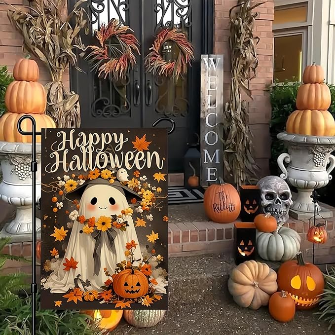 Happy Halloween Garden Flag 12X18 Inch Double Side,Cute Pumpkin Ghost Yard Flag, Jack O Lantern Small Garden Flag,Yard Outdoor Flag for Holiday Outside Patio Lawn Decoration