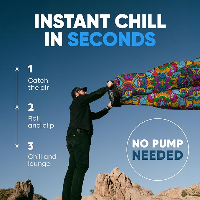 Chillbo Shwaggins Inflatable Couch – No-Pump Setup, Ripstop Polyester, Stability Pegs, Fun Prints, Portable Air Lounger for Beach, Camping, Festivals, and Tailgating - 60s Pyschedelic
