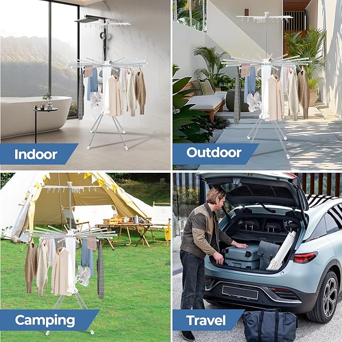 GCCSJ 3 Tier Portable Collapsible 4-Legged Clothes Drying Rack,Foldable Laundry Drying Rack with 4 Pulleys with and Shoe Holders for Indoor Outdoor Space Saving