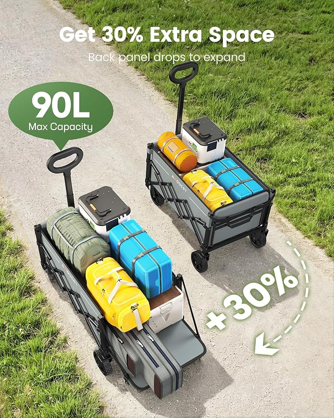 Small Wagon Cart Foldable, Collapsible Wagon with 360 LBS Max Load & Expandable Storage, 90L Foldable Grocery Cart with 2 Cup Holders for Outdoor, Garden, Camping &Groceries-Grey
