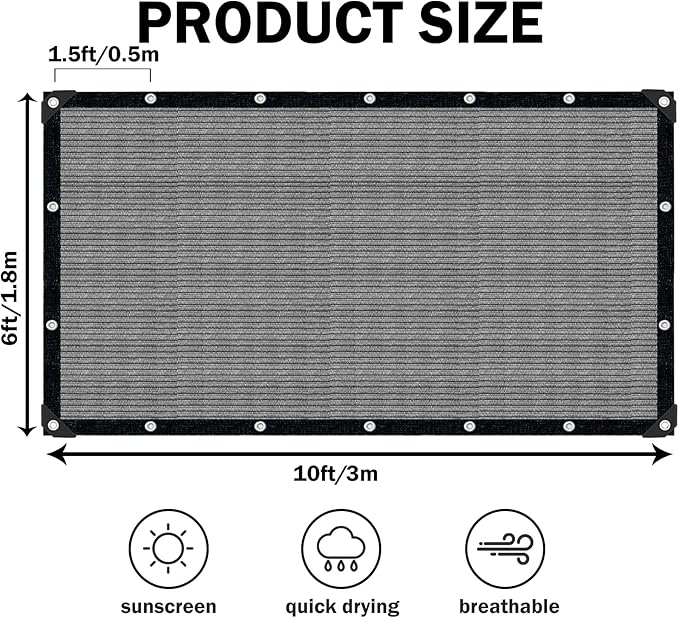 Grey Sun Shade Cloth,Pergola Shade Cover with Reinforced Grommets,90% Shade Fabric Fence Privacy Screen Balcony,Pergola Shade Cover Canopy Garden Carport Porch Deck Patio Shade Cover,6x10FT
