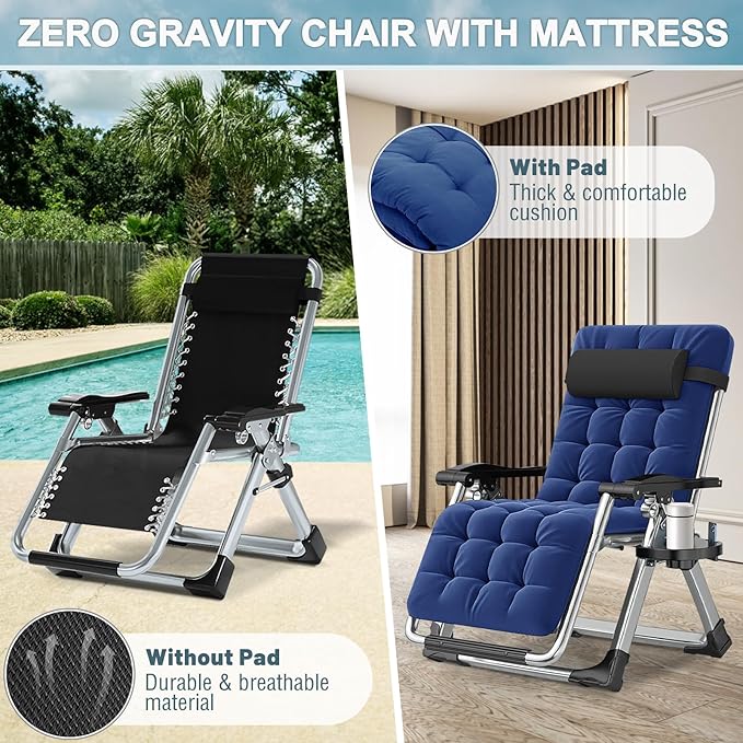ABORON Zero Gravity Chair,Premium Outdoor Lawn Folding Lounge Chairs,Sturdy Adjustable Reclining Patio Chairs with Removable Cushion,Headrest & Tray