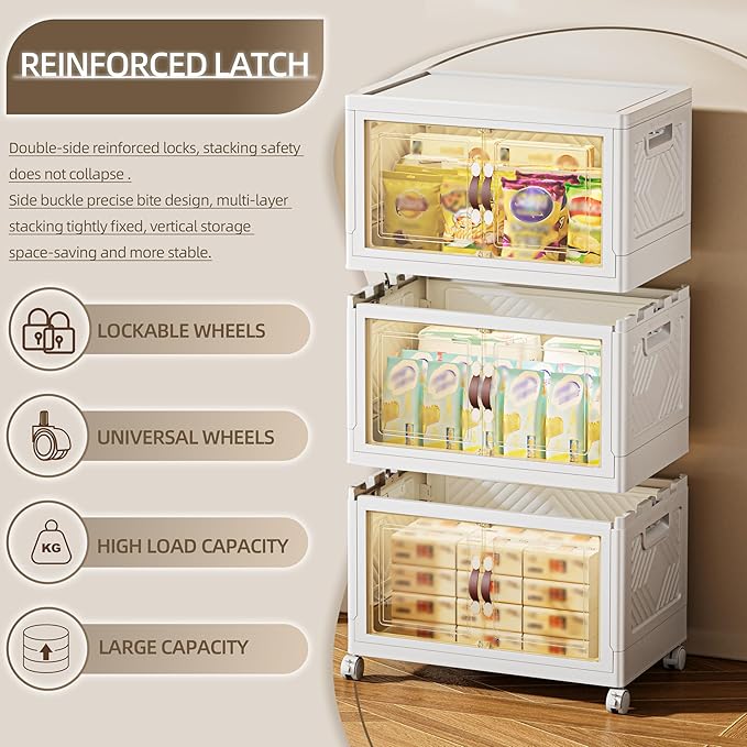 252 QT / 63 Gal Magnetic Door Storage Bins Collapsible Stackable w/1 Lid, Heavy Duty Plastic Cabinet with Wheels for Home Office Organization (White)