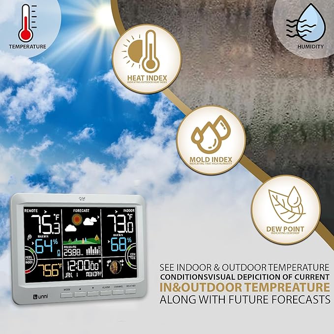 Weather Station Wireless Indoor Outdoor Thermometer with Heat Dew Mold, Thermometer Inside Outside with Calendar and 3 Adjustable Backlight Grey