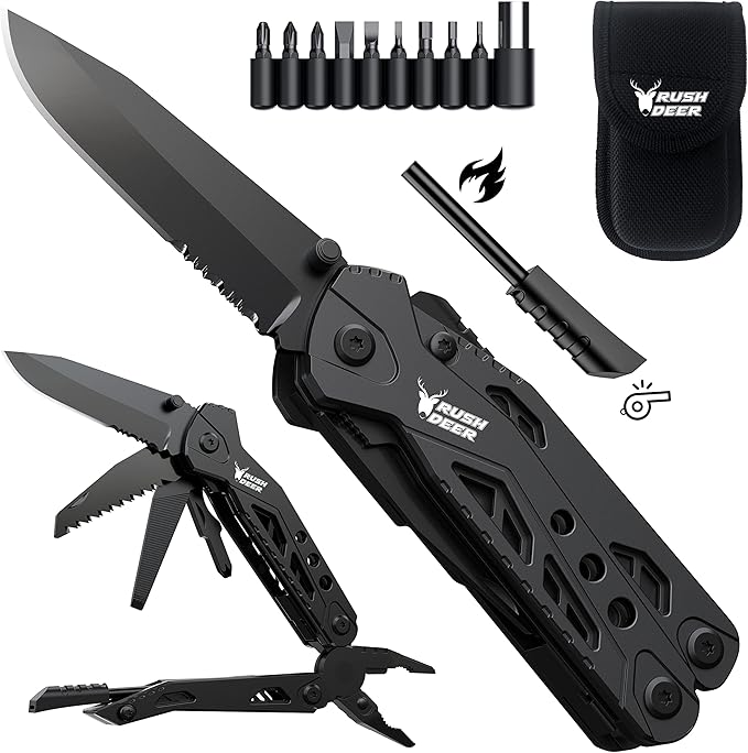 Rush Deer Pocket Knife - Folding EDC Multitool for Men, Small and Versatile Camping, Fishing, and Hiking Accessories Set (Black)