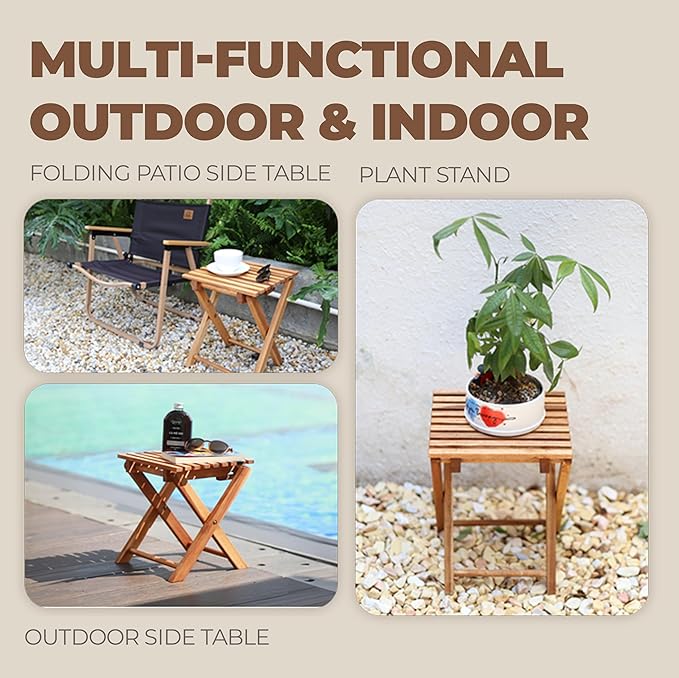 2PCs Folding Side Tables, Waterproof Patio Foldable End Table, Portable Side Table for Indoor and Outdoor Garden, Porch, Balcony, Camping, Fishing, Natural Color, Small Size 14 inch Height