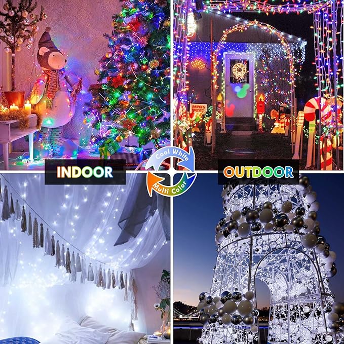 Multicolor to Cool White Color Changing 200 LED 66FT Christmas String Lights for Outdoor&Indoor, 11 Modes Christmas Tree Clear Wire Fairy Waterproof Lights with Memory Function & Remote & Timer