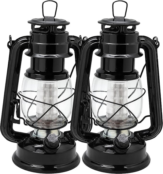 YAKii LED Vintage Lantern Metal Hanging Hurricane 12 LED Dimmer Switch Cold White Battery Operated Power Outage Indoor Camping Lighting Outdoor Brooklyn (Black 2 Pack)