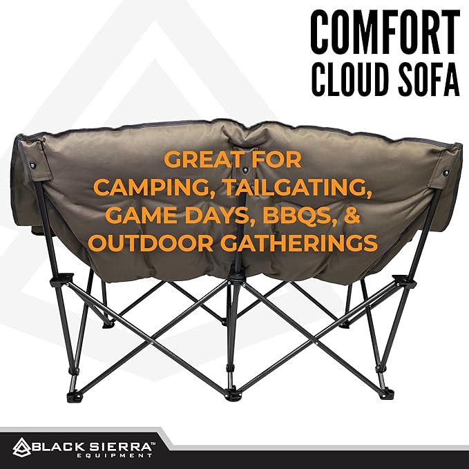 Black Sierra Double Camping Chair for Adults, Oversized Folding Loveseat Supports 600 lbs, Plush Padded Outdoor Couch with Cup Holders and Carry Bag for Beach, Patio, RV, or Tailgating Events
