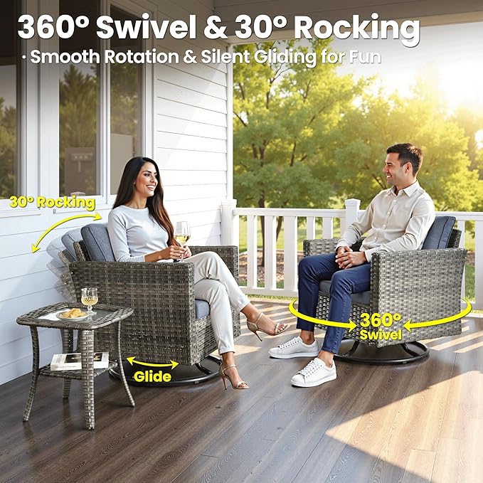 ovios 7 Pieces Patio Furniture Set with 42" Fire Pit Table, Outdoor Wicker Sofa with Swivel Chairs, All Weather High Back Rattan Couch Conversation Set, Denim Blue