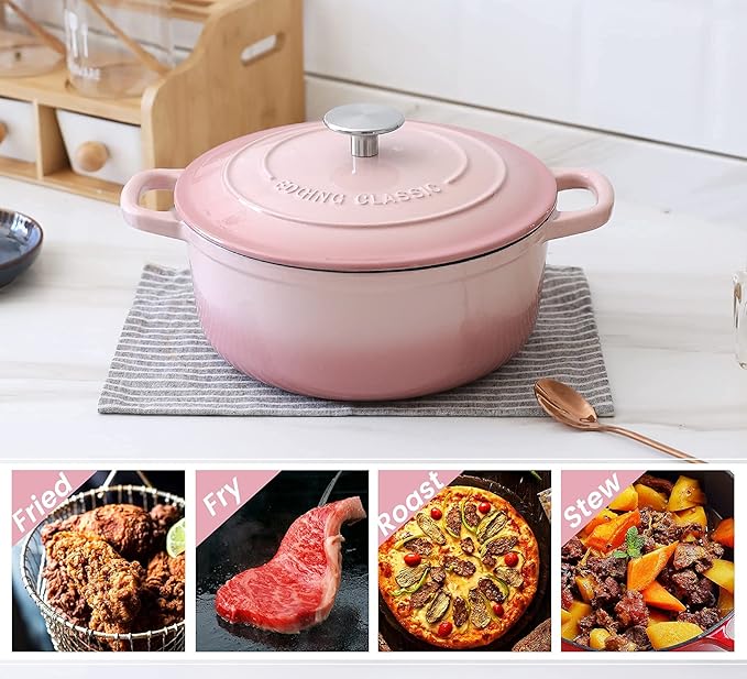 Enameled Cast Iron Covered 5.5 Quart Dutch Oven with Dual Handle, Dutch Ovens with Lid for Bread Baking, Pink