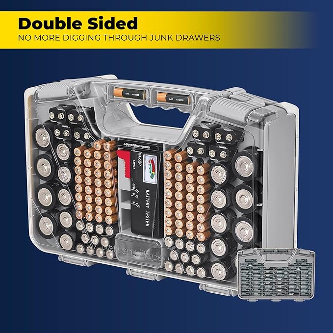 Ontel Battery Daddy Storage & Organizer Case with Tester, Stores & Protects Up to 180 Batteries, Double-Sided, Durable Design W/Clear Locking Lid, Secure Latches & Portable Carrying Handle- Warm Grey