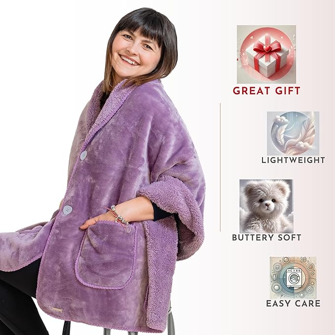 Fleece Poncho Blanket -Drape and Go No Sleeves- Lightweight Warm Wrap Shawl - Wearable Blanket - Lap Blanket - Gift for Grandma and Mom (100% Fleece, Velvet Lavender)