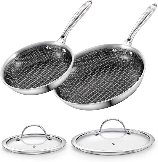 Cooks Standard Hybrid Nonstick Frying Pan Set, 8 and 10-Inch Multi-Ply Clad Stainless Steel 2 Piece Skillet with Tempered Glass Lids, Oven Safe, Compatible with All Stovetops