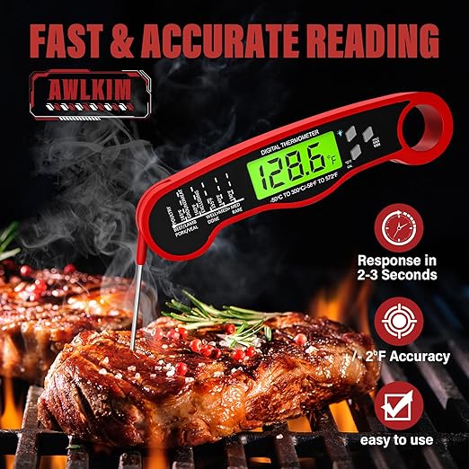 AWLKIM® Digital Meat Thermometer for Cooking - IP67 Waterproof Kitchen Thermometer with Backlight and Hold, Fast Instant Read Thermometer, Candy Making, Outside Grill, Stocking Stuffers for Men-2 pack