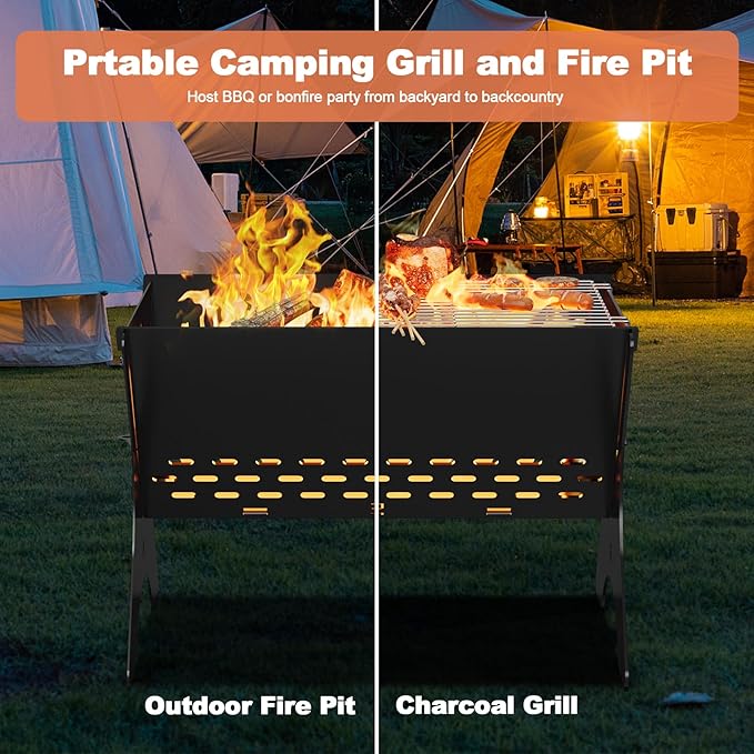 Camping Campfire Grill, Portable Folding Charcoal Grills, Backpacking BBQ Grill with Carry Bag, Outdoor Fire pit for Camping, Picnic, Bonfire, Patio, Backyard-16 Inch