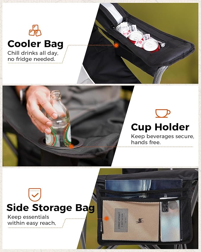 KingCamp Oversized Camping Folding Chair, Heavy Duty 450 LBS with Lumbar Support, Padded seat with Cup Holder&Cooler Bag, Ideal for Camp, Fishing, Sports Event, Backyard, Patio, Lawn (Lava Grey)