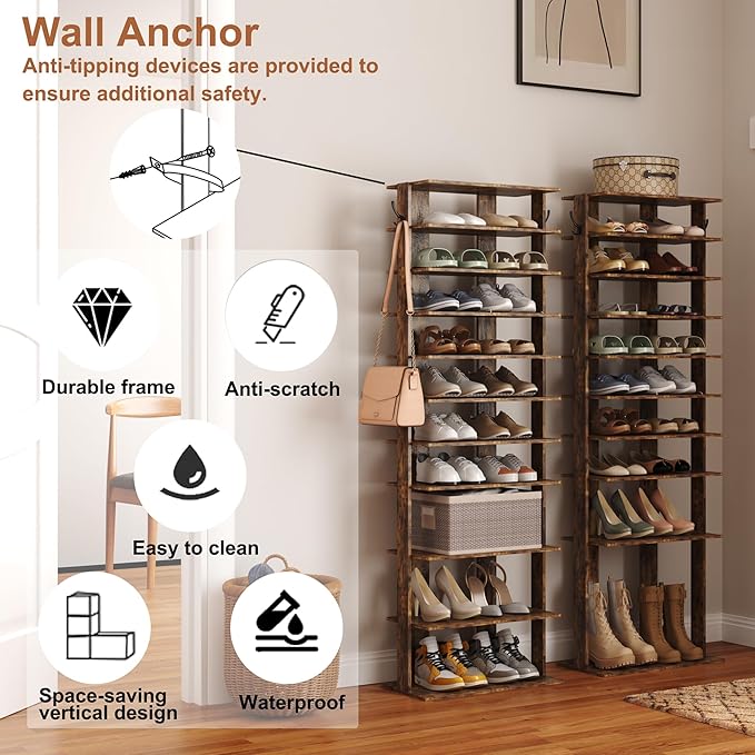 HOMEFORT 10-Tier Vertical Shoe Rack, Corner Shoe Tower, Double Rows 10 Tiers Shoe Shelf, Slim Shoe Storage Unit for 20 Pairs of Shoes, Shoe Stand for Entryway, Hallway, Closet (Rustic Brown)