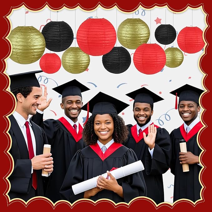 12Pcs Round Paper Lanterns Assorted Sizes (6" 8" 10" 12") for Home Decor, Wedding, Birthday, Casino Theme Party, Hibachi Party Decorations, Hanging Chinese Japanese Paper Lamps (Black Red Gold)