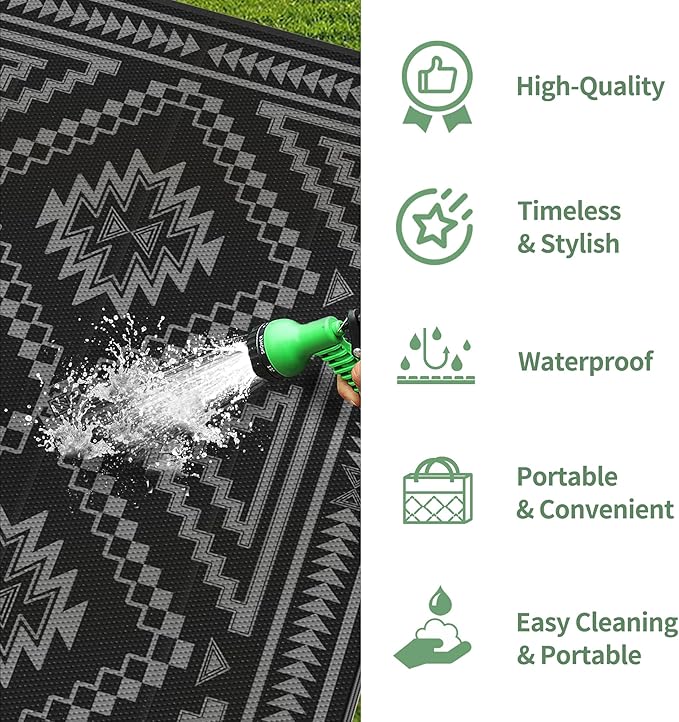 GENIMO Outdoor Rug for Patio Clearance, 8x10 ft Waterproof Mat,Reversible Plastic Camping Rugs, Rv, Porch, Deck, Camper, Balcony, Backyard, Black and Grey
