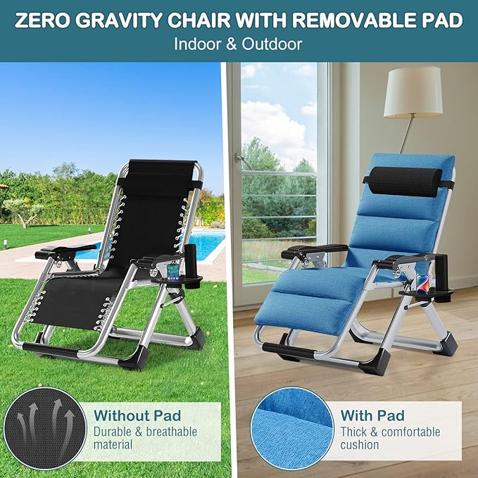 NAIZEA Padded Zero Gravity Chair, Folding Outdoor Lounge Chairs, Adjustable Reclining Camping Chairs with Cup Holder, Ergonomic Patio Lawn Chair for Balcony Beach Deck Yard