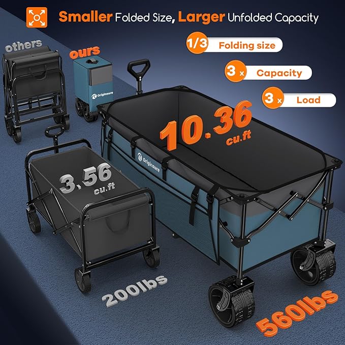 48" L Collapsible Wagon Cart Foldable, 560LB Weight Capacity 300L Heavy Duty Folding Beach Wagons with Big All-Terrain Wheels, Utility Carts for Groceries, Shopping, Camping, Sports - Grey&Blue