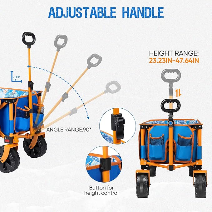 300lbs Extra Long 49" L Beach Wagon with Big Wheels for Sand, Collapsible Utility Beach Cart Heavy Duty Folding Wagon,Ideal for Outdoor Sand Camping Garden Pet