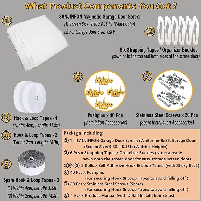 Magnetic Garage Door Screen Kit 9x8 FT White - Retractable Mesh Net Screen Door with Fiberglass Mesh for 1 Car Garage 9x8ft, Blocks Bugs & Provides Privacy - Perfect for Workshop, Gym, Patio