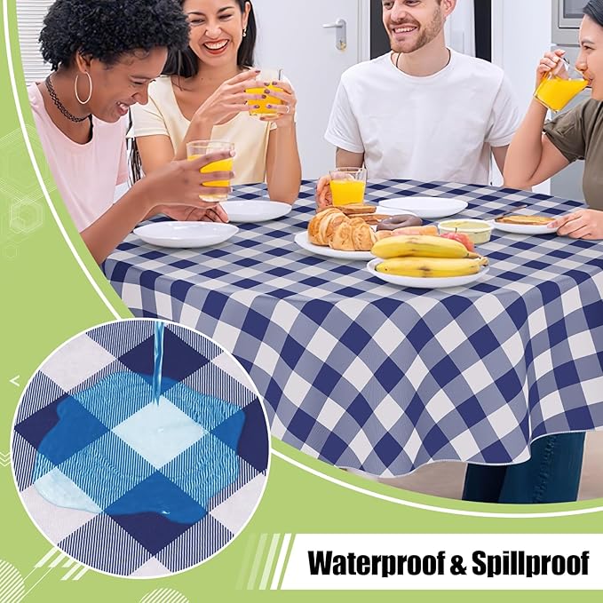 Smiry Round Plastic Table Cloth, Waterproof Vinyl Tablecloth with Flannel Backing, Wipeable Buffalo Plaid Table Cover for Dining, Indoor and Outdoor (Navy & White, 60" Round)