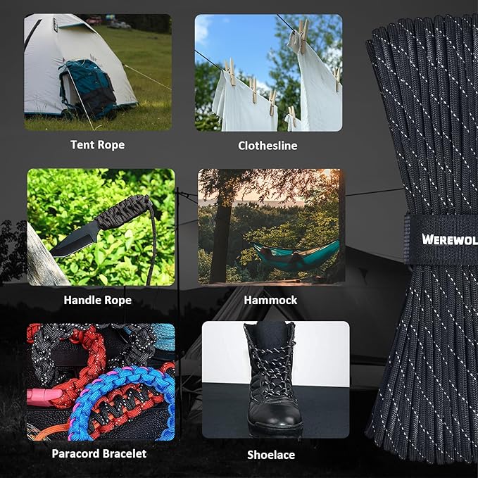 WEREWOLVES Reflective Paracord Rope 7 Strand Type III Parachute Cord 4mm 100ft / 200ft for Tent Camping Hiking Fishing Survival Tactical Clothesline DIY Projects