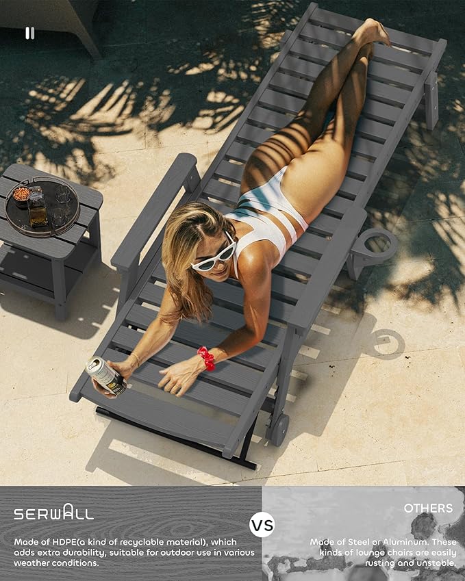 SERWALL Patio Chaise Lounge Chair, 78'' Long HDPE Outdoor Lounge Chair 5 Positions Adjustable Outdoor Lounger, Poly Lounge Chair with Rolling Wheels & Cup Holder for Pool, Slate Gray