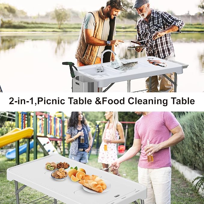 42.5" Fish Cleaning Table with Dual Sink, Portable Folding Camping Table with Faucet, Sprayer, Grid Rack, Hose Hook Up & Knife Groove, Outdoor Sink Station for Picnic Beach Patio
