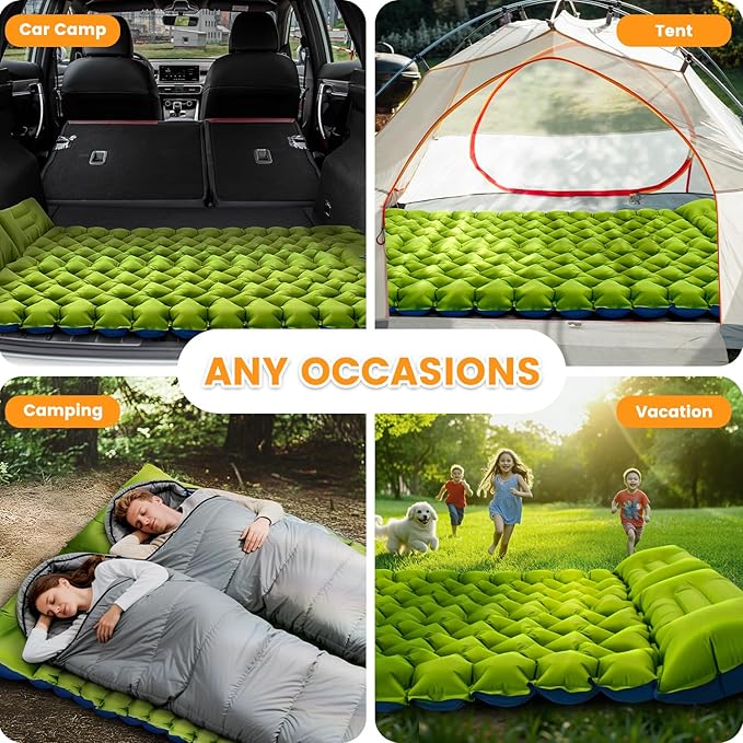 Double Sleeping Pad, Ultralight 4in Extra-Thick for 2 Person with Built-in Pillow & Foot Pump Sleep Mat, Compact Inflatable Camping Mat for Backpacking Hiking Travel Tent Camp Gear Gifts