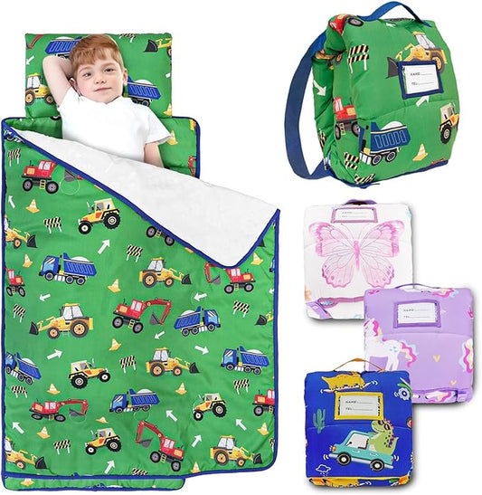 Primlect Toddler Nap Mat with Removable Pillow and Flannel Blanket, Portable Kids Sleeping Bag, Easy to Carry on The Go, Perfect for Daycare, Preschool, Boys and Girls, 12 Months - 6 Years