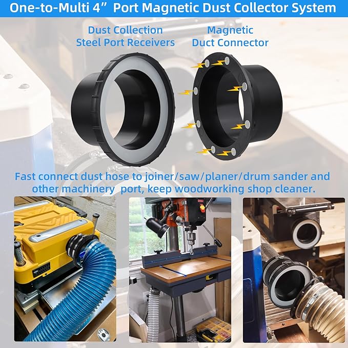 4 Inch Magnetic Dust Collection Connector w/Dust Control Flex Cuff,4" Dust Collector Hose Connector Rubber Cuff Coupler w/Magnetic Dust Collection Fitting for Woodworking Shop Vacuum Dust Collector